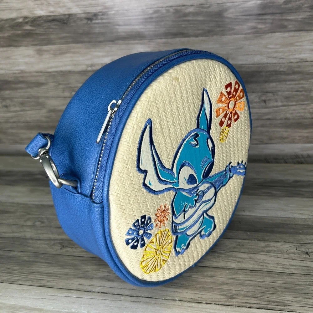 Disney Lilo And Stitch Stitch With Ukulele Woven Straw Crossbody Round Purse